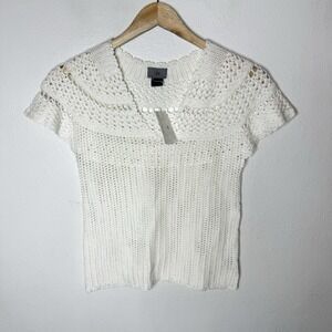 Saks Fifth Avenue White Crochet Knit Short Sleeve Top
